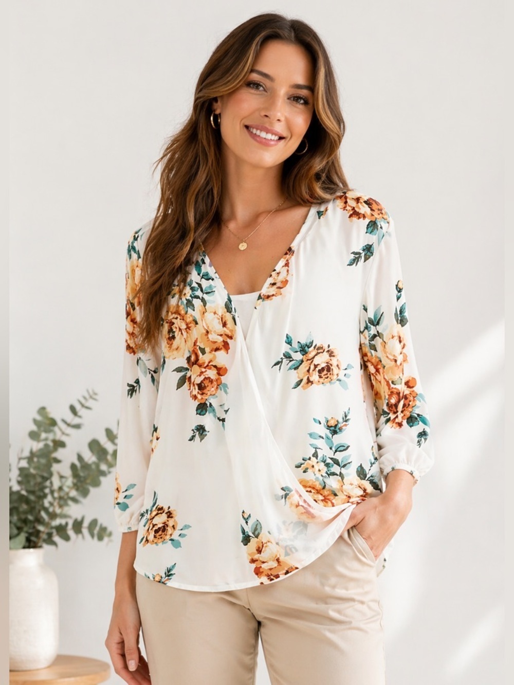 Plus Size 2X/3X Floral Chiffon Blouse Layered V-Neck Flowy Top Boho Lightweight